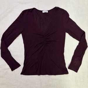Babaton Womens Small Wool Rayon Blend Purple Ruched Long Sleeve T-Shirt Stretch